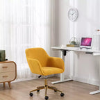 This swivel office chair is height-adjustable, has wheels, gold-plated legs, and a chrome-plated base.