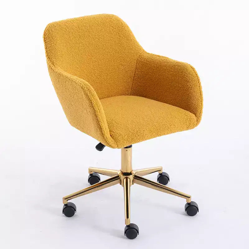 This swivel office chair is height-adjustable, has wheels, gold-plated legs, and a chrome-plated base.