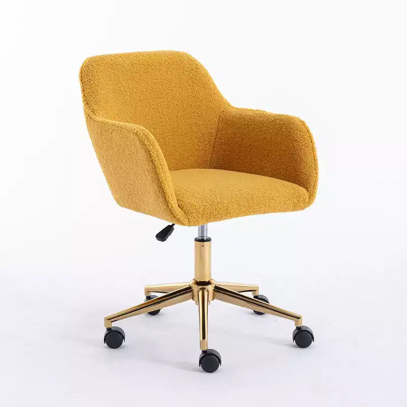 This swivel office chair is height-adjustable, has wheels, gold-plated legs, and a chrome-plated base.