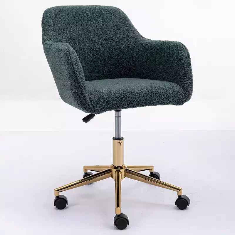 This swivel office chair is height-adjustable, has wheels, gold-plated legs, and a chrome-plated base.