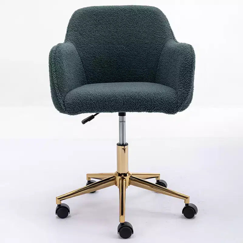 This swivel office chair is height-adjustable, has wheels, gold-plated legs, and a chrome-plated base.