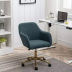 This swivel office chair is height-adjustable, has wheels, gold-plated legs, and a chrome-plated base.