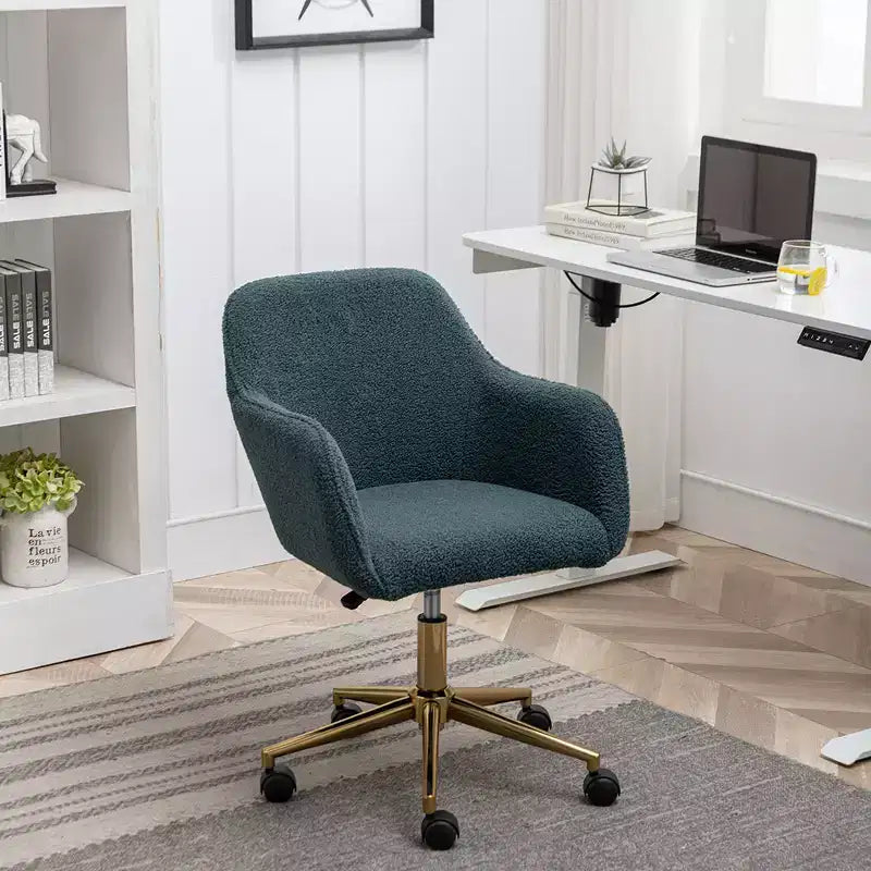 This swivel office chair is height-adjustable, has wheels, gold-plated legs, and a chrome-plated base.