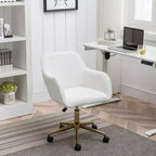 This swivel office chair is height-adjustable, has wheels, gold-plated legs, and a chrome-plated base.