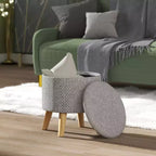 Round Ottoman Stool with Storage, Linen Upholstered Foot Stool with Padded Seat, Hidden Space and Wood Legs