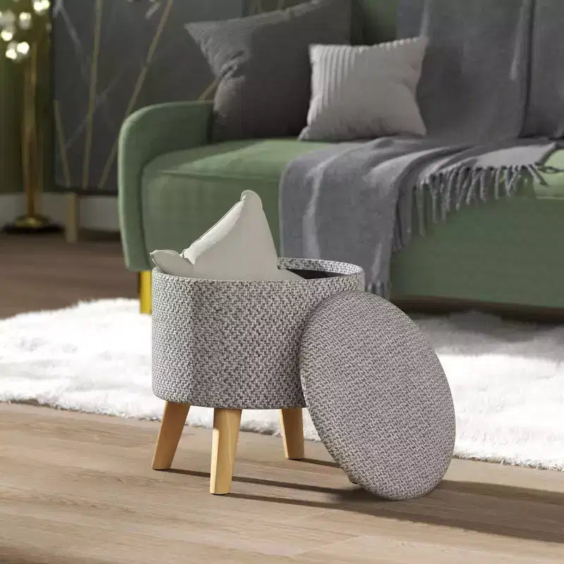 Round Ottoman Stool with Storage, Linen Upholstered Foot Stool with Padded Seat, Hidden Space and Wood Legs
