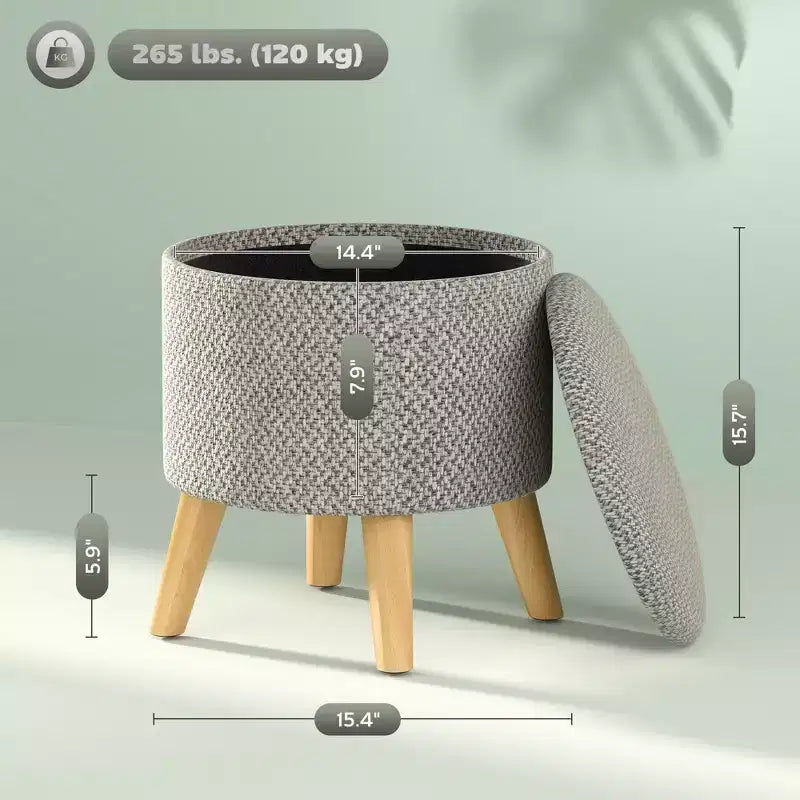 Round Ottoman Stool with Storage, Linen Upholstered Foot Stool with Padded Seat, Hidden Space and Wood Legs