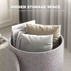 Round Ottoman Stool with Storage, Linen Upholstered Foot Stool with Padded Seat, Hidden Space and Wood Legs