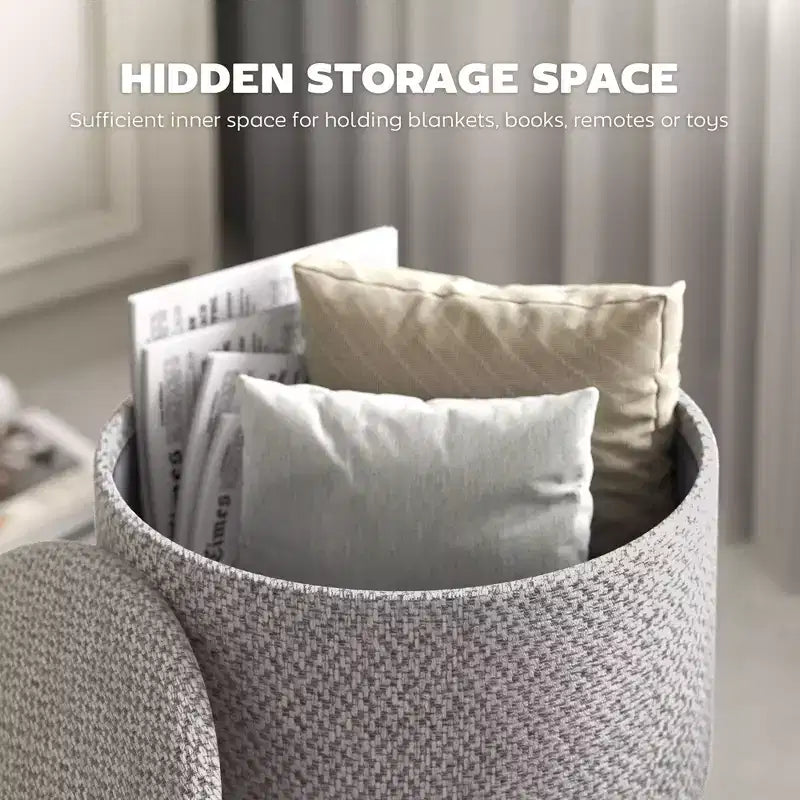 Round Ottoman Stool with Storage, Linen Upholstered Foot Stool with Padded Seat, Hidden Space and Wood Legs