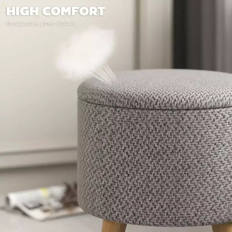 Round Ottoman Stool with Storage, Linen Upholstered Foot Stool with Padded Seat, Hidden Space and Wood Legs
