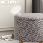 Round Ottoman Stool with Storage, Linen Upholstered Foot Stool with Padded Seat, Hidden Space and Wood Legs