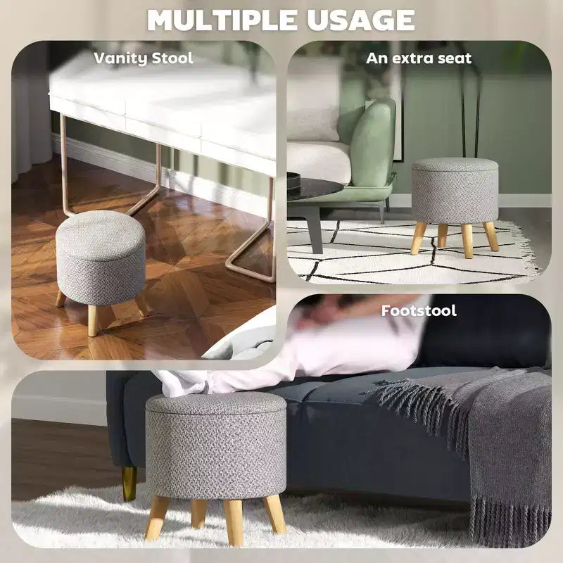 Round Ottoman Stool with Storage, Linen Upholstered Foot Stool with Padded Seat, Hidden Space and Wood Legs