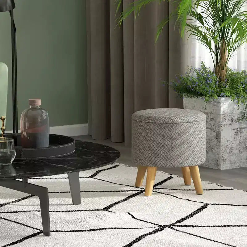 Round Ottoman Stool with Storage, Linen Upholstered Foot Stool with Padded Seat, Hidden Space and Wood Legs
