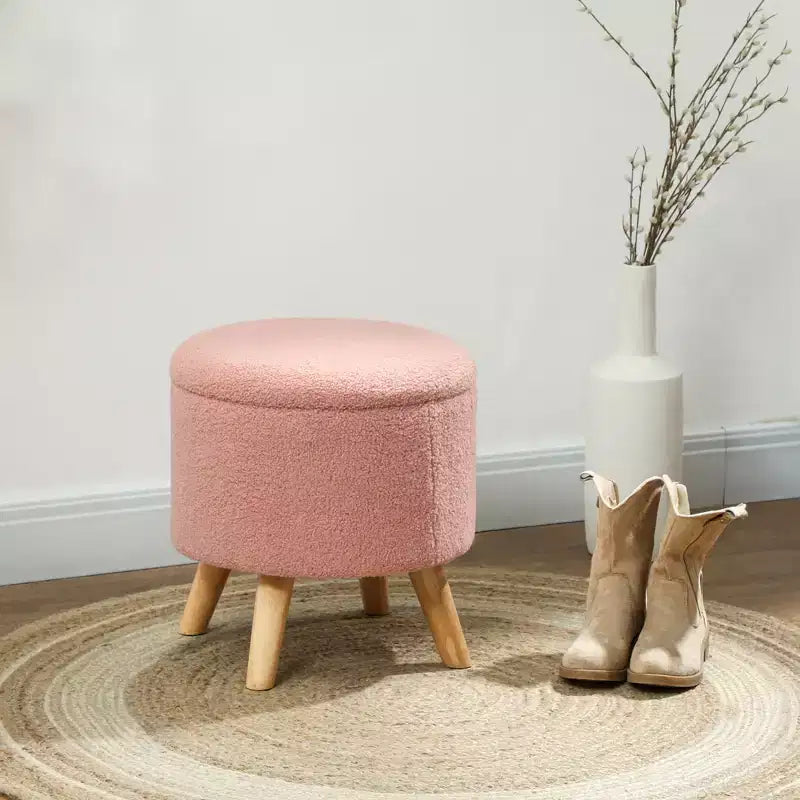 Round Ottoman Stool with Storage, Linen Upholstered Foot Stool with Padded Seat, Hidden Space and Wood Legs
