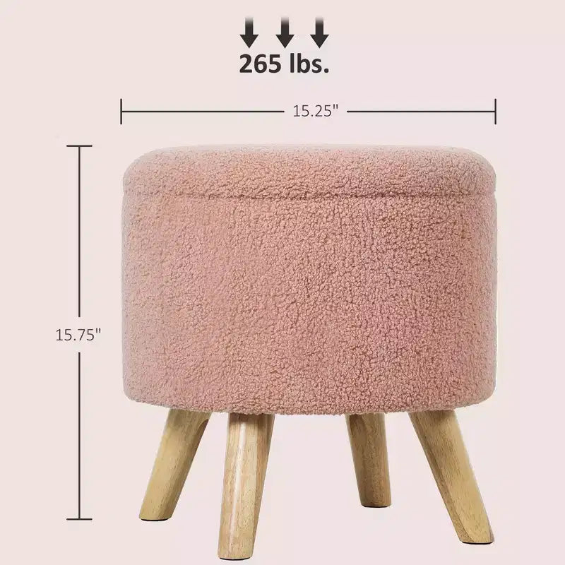 Round Ottoman Stool with Storage, Linen Upholstered Foot Stool with Padded Seat, Hidden Space and Wood Legs