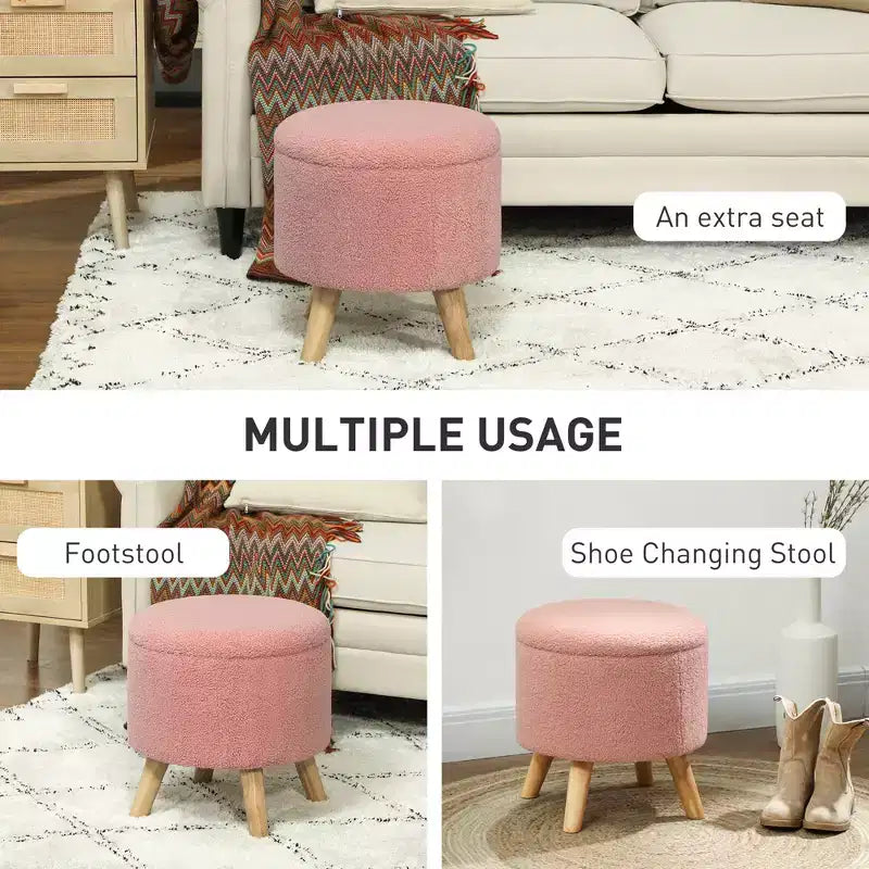 Round Ottoman Stool with Storage, Linen Upholstered Foot Stool with Padded Seat, Hidden Space and Wood Legs