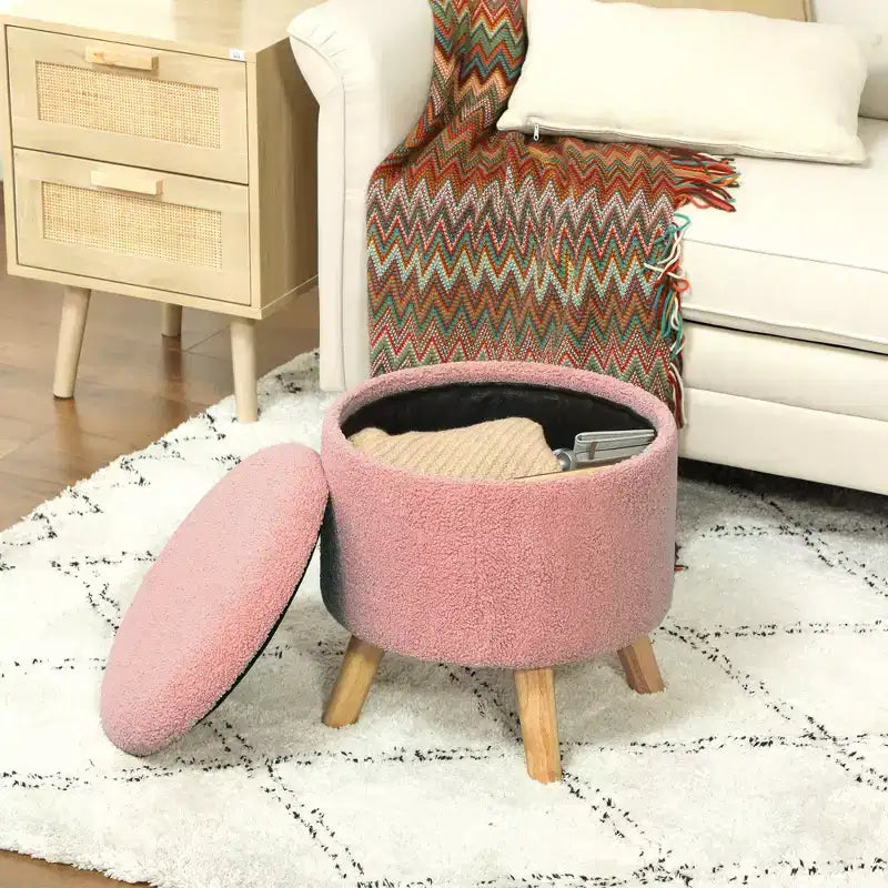 Round Ottoman Stool with Storage, Linen Upholstered Foot Stool with Padded Seat, Hidden Space and Wood Legs