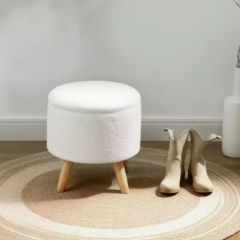 Round Ottoman Stool with Storage, Linen Upholstered Foot Stool with Padded Seat, Hidden Space and Wood Legs