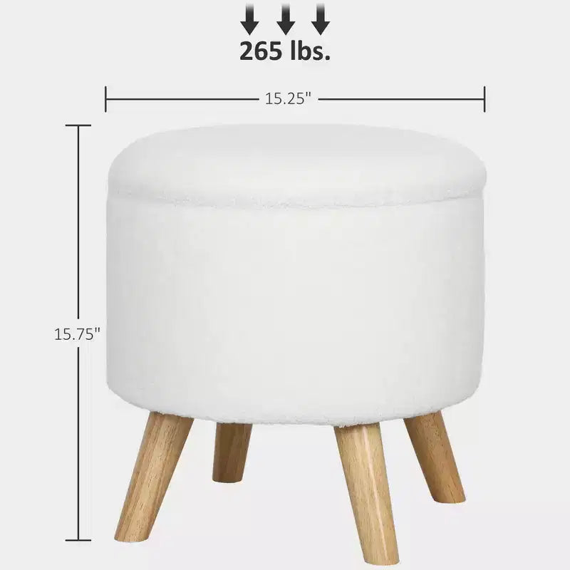 Round Ottoman Stool with Storage, Linen Upholstered Foot Stool with Padded Seat, Hidden Space and Wood Legs