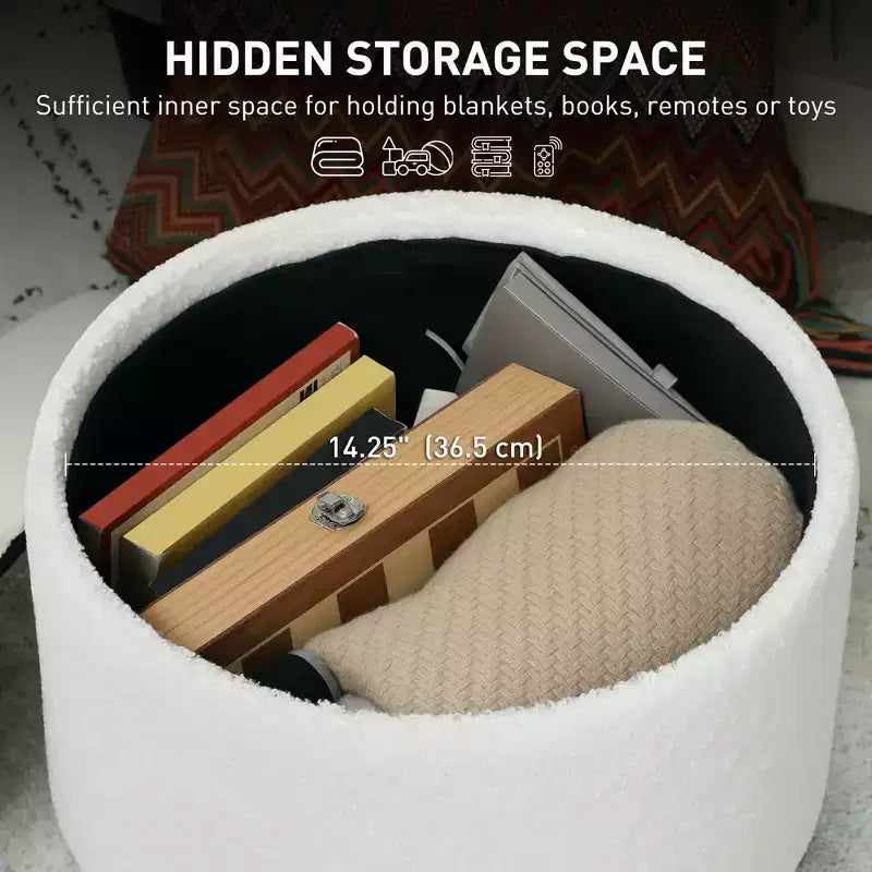 Round Ottoman Stool with Storage, Linen Upholstered Foot Stool with Padded Seat, Hidden Space and Wood Legs