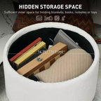 Round Ottoman Stool with Storage, Linen Upholstered Foot Stool with Padded Seat, Hidden Space and Wood Legs