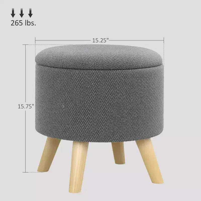 Round Ottoman Stool with Storage, Linen Upholstered Foot Stool with Padded Seat, Hidden Space and Wood Legs