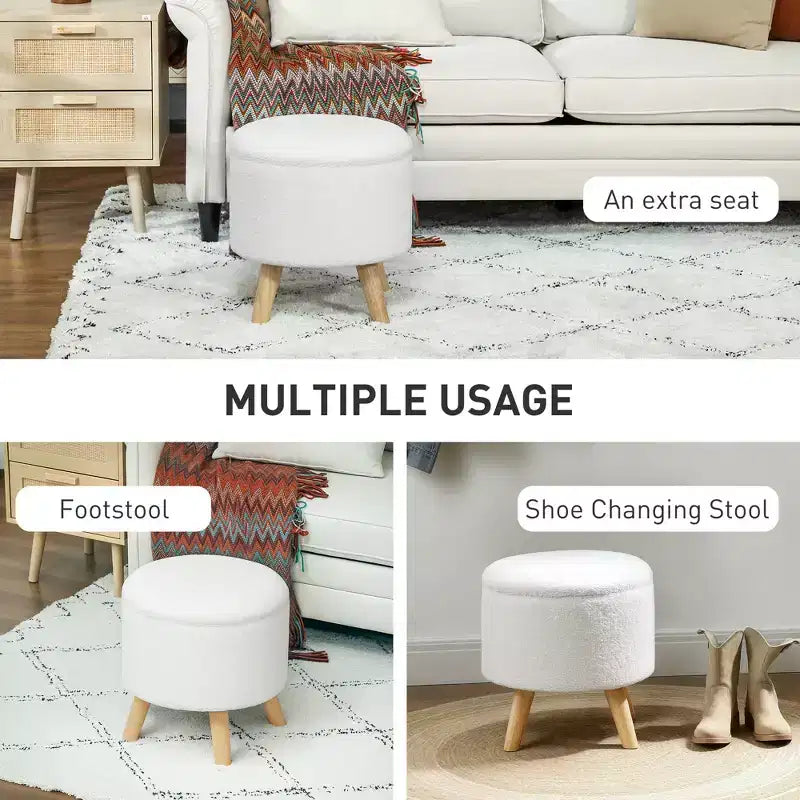 Round Ottoman Stool with Storage, Linen Upholstered Foot Stool with Padded Seat, Hidden Space and Wood Legs