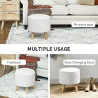 Round Ottoman Stool with Storage, Linen Upholstered Foot Stool with Padded Seat, Hidden Space and Wood Legs