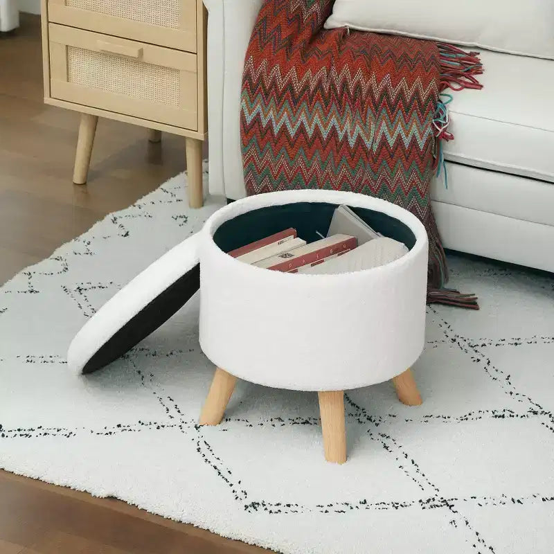 Round Ottoman Stool with Storage, Linen Upholstered Foot Stool with Padded Seat, Hidden Space and Wood Legs