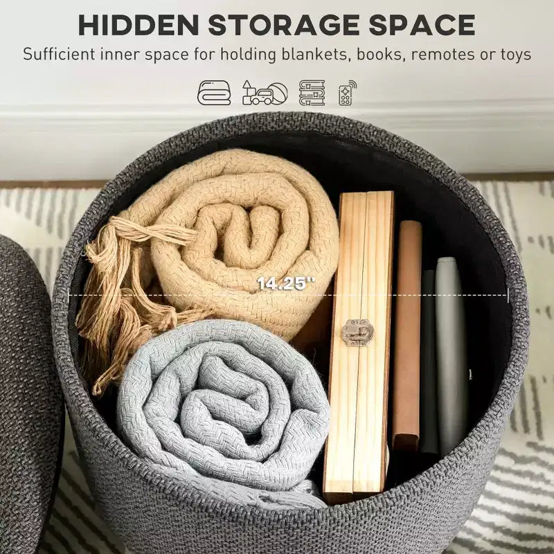 Round Ottoman Stool with Storage, Linen Upholstered Foot Stool with Padded Seat, Hidden Space and Wood Legs