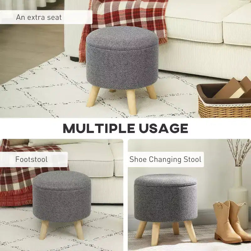 Round Ottoman Stool with Storage, Linen Upholstered Foot Stool with Padded Seat, Hidden Space and Wood Legs