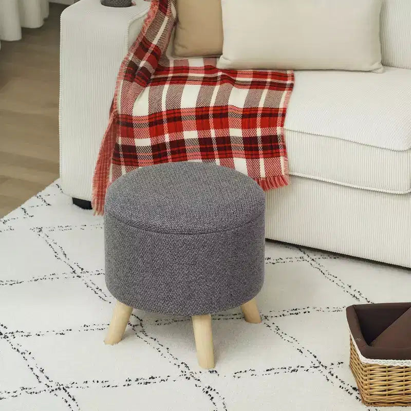 Round Ottoman Stool with Storage, Linen Upholstered Foot Stool with Padded Seat, Hidden Space and Wood Legs