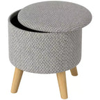 Round Ottoman Stool with Storage, Linen Upholstered Foot Stool with Padded Seat, Hidden Space and Wood Legs