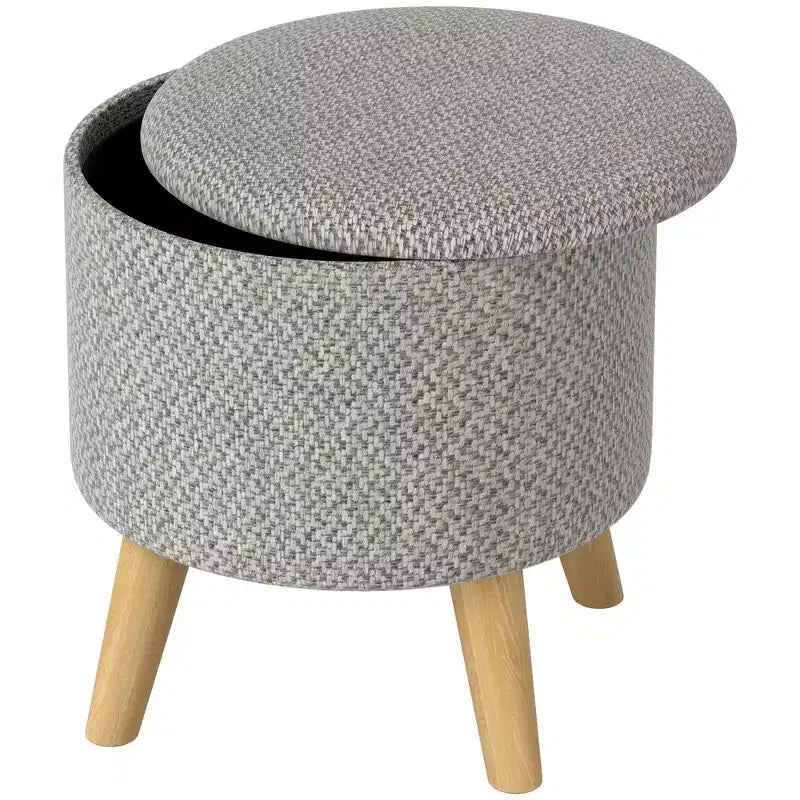 Round Ottoman Stool with Storage, Linen Upholstered Foot Stool with Padded Seat, Hidden Space and Wood Legs