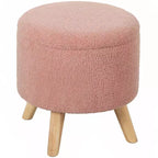 Round Ottoman Stool with Storage, Linen Upholstered Foot Stool with Padded Seat, Hidden Space and Wood Legs