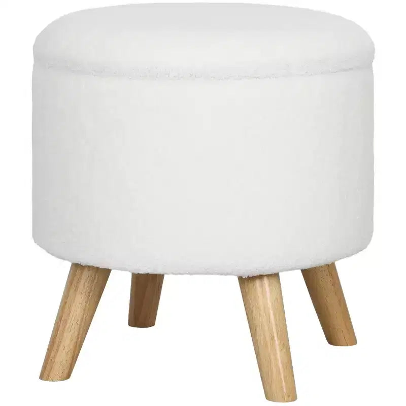 Round Ottoman Stool with Storage, Linen Upholstered Foot Stool with Padded Seat, Hidden Space and Wood Legs