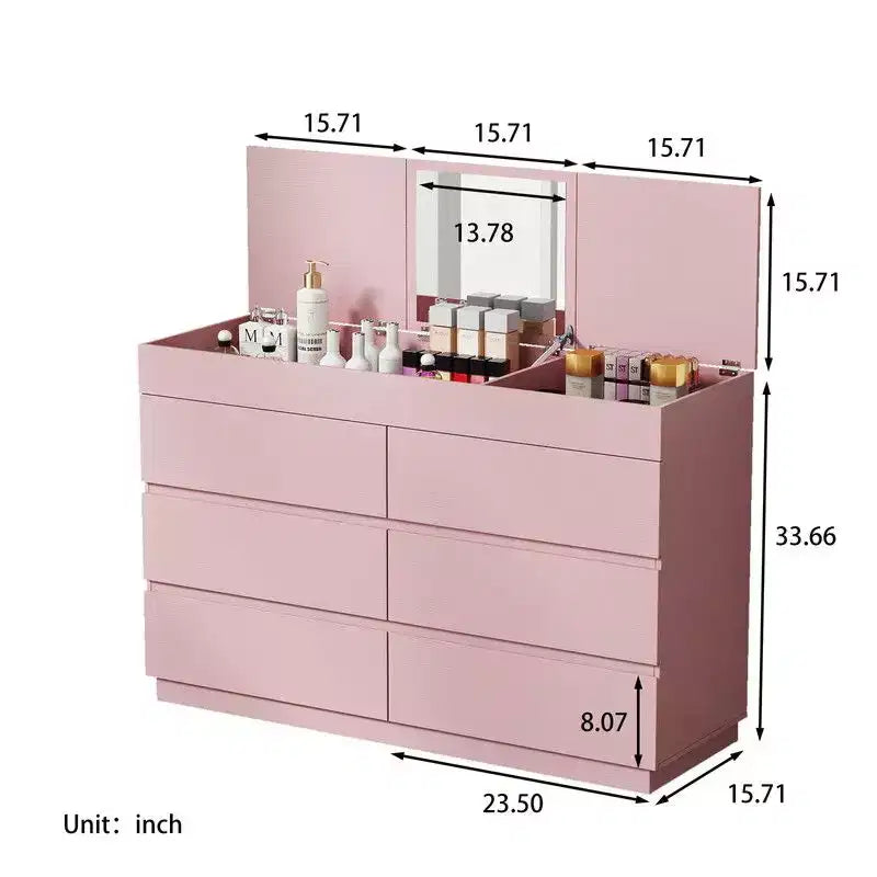 Karl Home Pink Embossed 6 Drawer Dresser with Mirror P2 12MM Particleboard with Melamine 47.22In. W