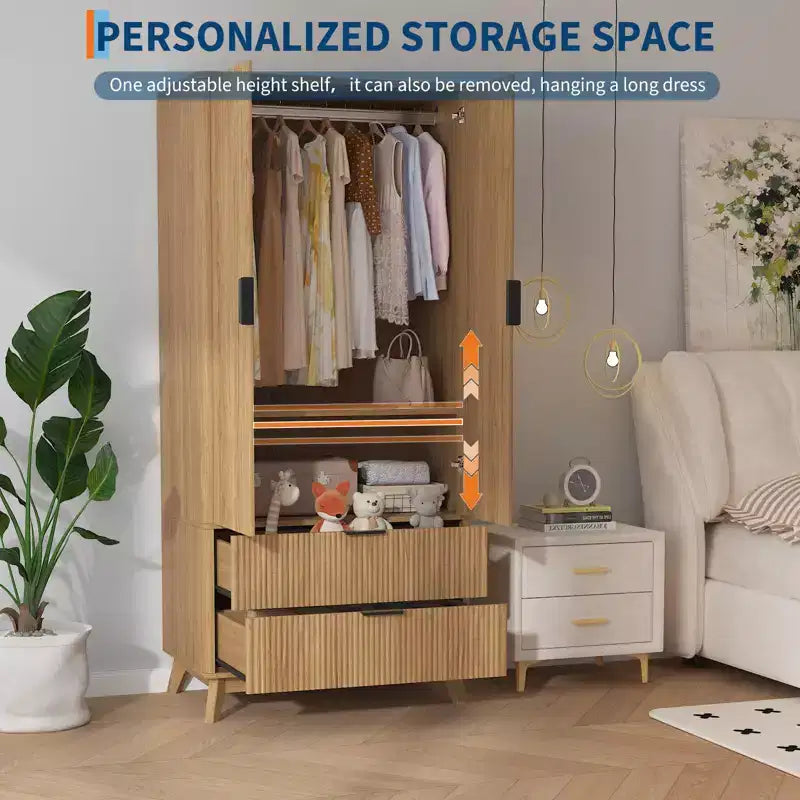 Fluted Armoire Wardrobe Closet, 71 Inch Wood Armoire with 2 Doors, 2 Drawers, Adjustable Shelf and Hanging Rod, Clothing Storage Cabinet