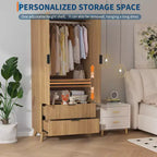 Fluted Armoire Wardrobe Closet, 71 Inch Wood Armoire with 2 Doors, 2 Drawers, Adjustable Shelf and Hanging Rod, Clothing Storage Cabinet