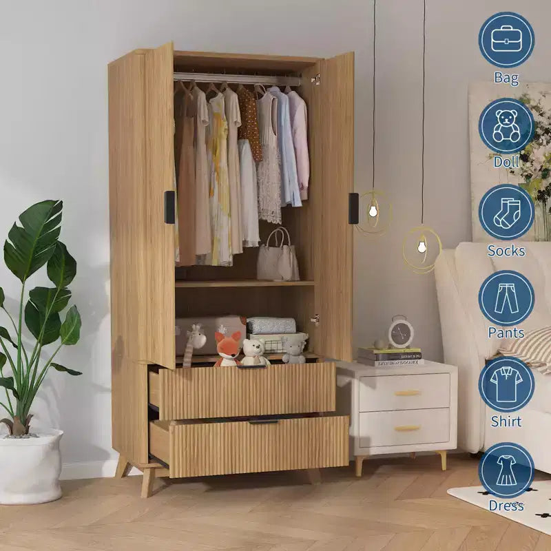 Fluted Armoire Wardrobe Closet, 71 Inch Wood Armoire with 2 Doors, 2 Drawers, Adjustable Shelf and Hanging Rod, Clothing Storage Cabinet