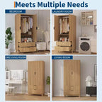 Fluted Armoire Wardrobe Closet, 71 Inch Wood Armoire with 2 Doors, 2 Drawers, Adjustable Shelf and Hanging Rod, Clothing Storage Cabinet