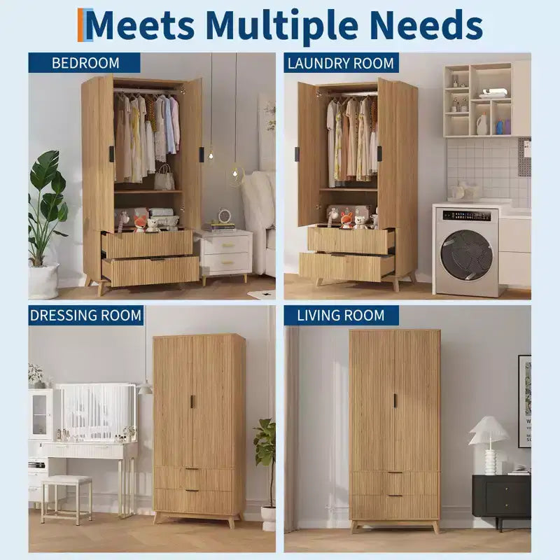 Fluted Armoire Wardrobe Closet, 71 Inch Wood Armoire with 2 Doors, 2 Drawers, Adjustable Shelf and Hanging Rod, Clothing Storage Cabinet