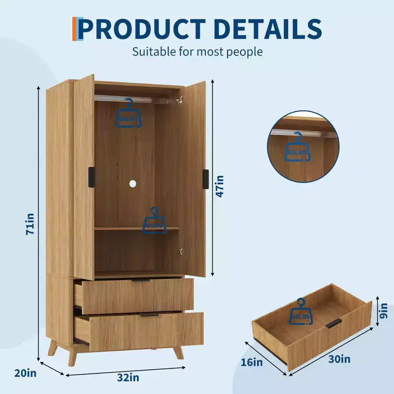 Fluted Armoire Wardrobe Closet, 71 Inch Wood Armoire with 2 Doors, 2 Drawers, Adjustable Shelf and Hanging Rod, Clothing Storage Cabinet