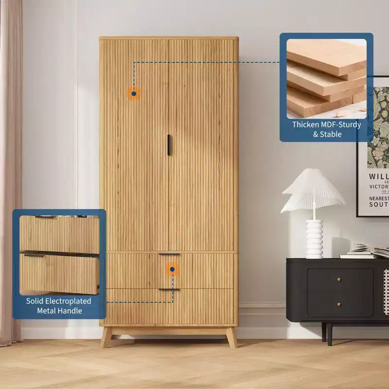 Fluted Armoire Wardrobe Closet, 71 Inch Wood Armoire with 2 Doors, 2 Drawers, Adjustable Shelf and Hanging Rod, Clothing Storage Cabinet