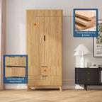 Fluted Armoire Wardrobe Closet, 71 Inch Wood Armoire with 2 Doors, 2 Drawers, Adjustable Shelf and Hanging Rod, Clothing Storage Cabinet