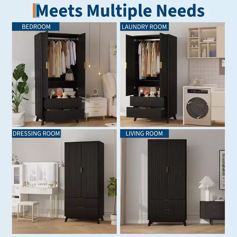 Fluted Armoire Wardrobe Closet, 71 Inch Wood Armoire with 2 Doors, 2 Drawers, Adjustable Shelf and Hanging Rod, Clothing Storage Cabinet