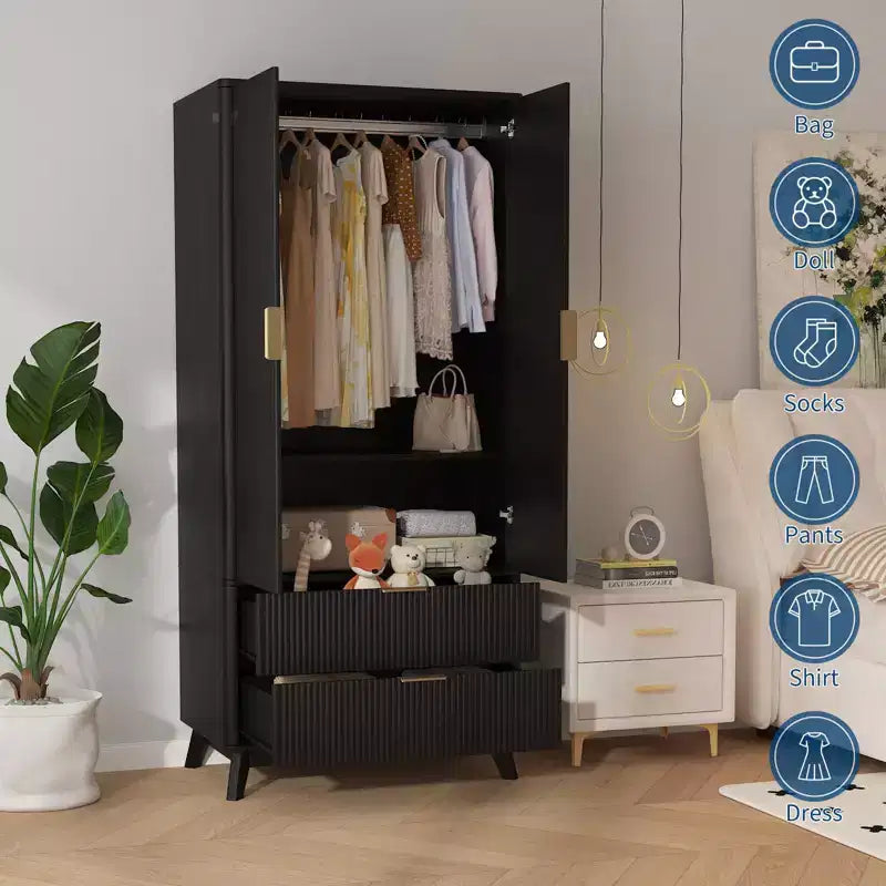 Fluted Armoire Wardrobe Closet, 71 Inch Wood Armoire with 2 Doors, 2 Drawers, Adjustable Shelf and Hanging Rod, Clothing Storage Cabinet