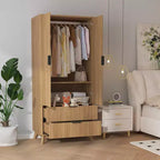 Fluted Armoire Wardrobe Closet, 71 Inch Wood Armoire with 2 Doors, 2 Drawers, Adjustable Shelf and Hanging Rod, Clothing Storage Cabinet