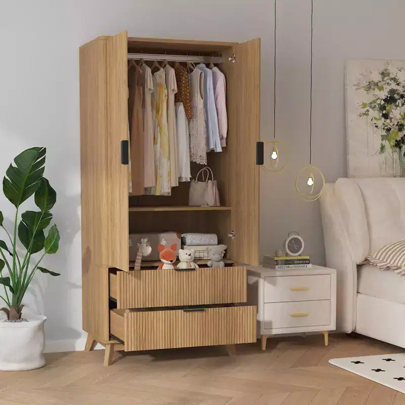 Fluted Armoire Wardrobe Closet, 71 Inch Wood Armoire with 2 Doors, 2 Drawers, Adjustable Shelf and Hanging Rod, Clothing Storage Cabinet