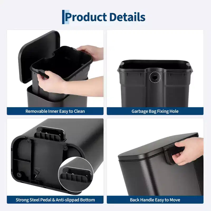 Stainless Steel Trash Can - Fingerprint-Proof,Soft-Close Lid, Removable Inner Bucket, Space-Saving Step Bin - for Kitchen, Office, Bathroom